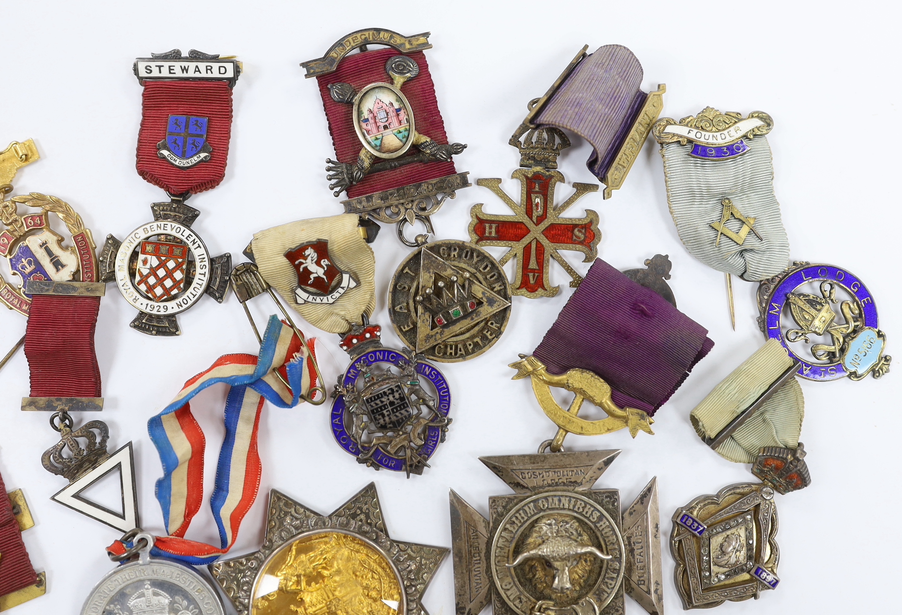 Fourteen Masonic and Order of Buffaloes medals, including enamelled examples, named lodges and silver hallmarked examples